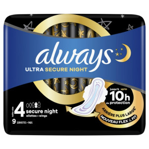 Always Ultra Secure Night Serviettes Taille 4 - 9 unités 